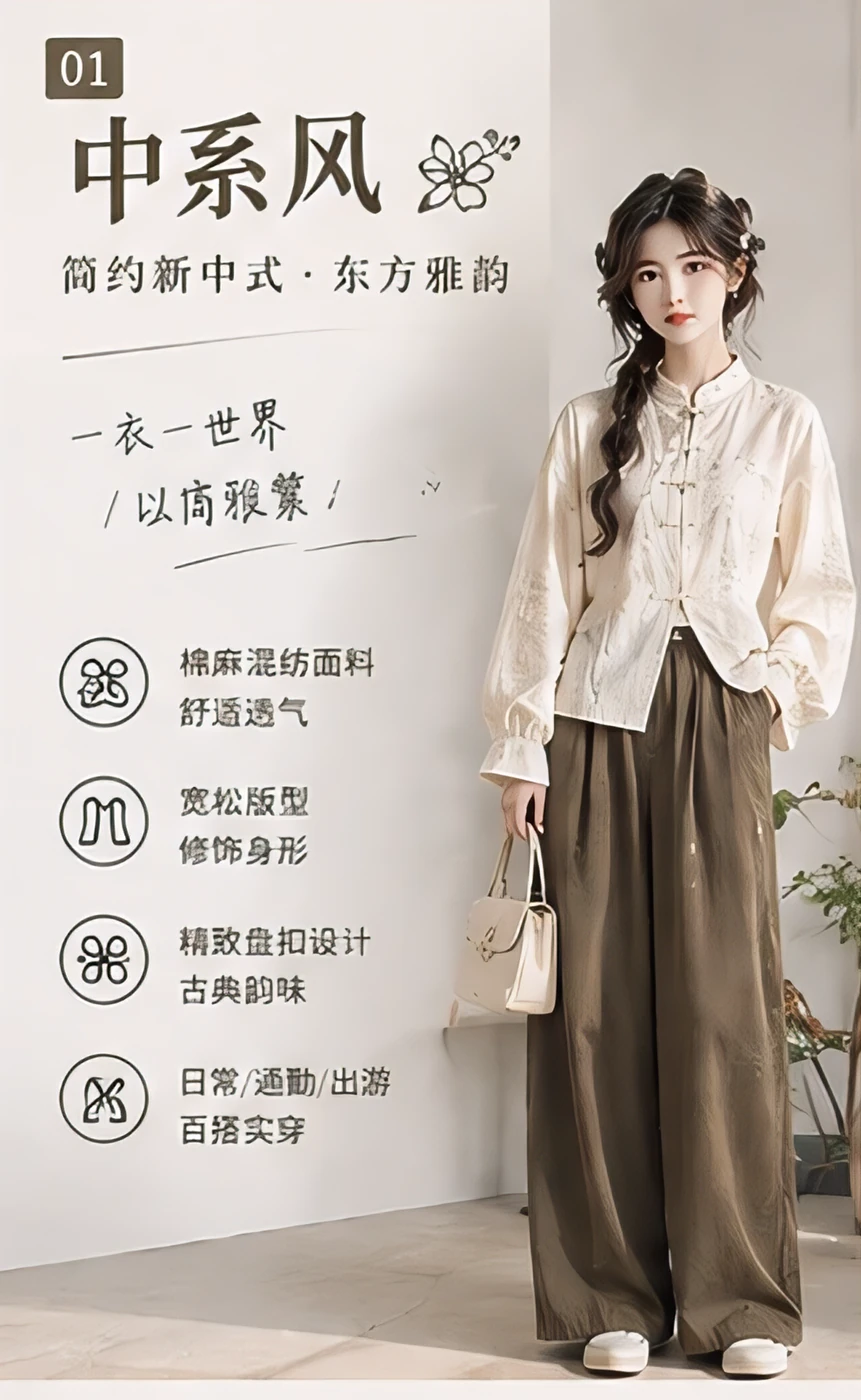 新中式盘扣衬衫与咖色阔腿裤